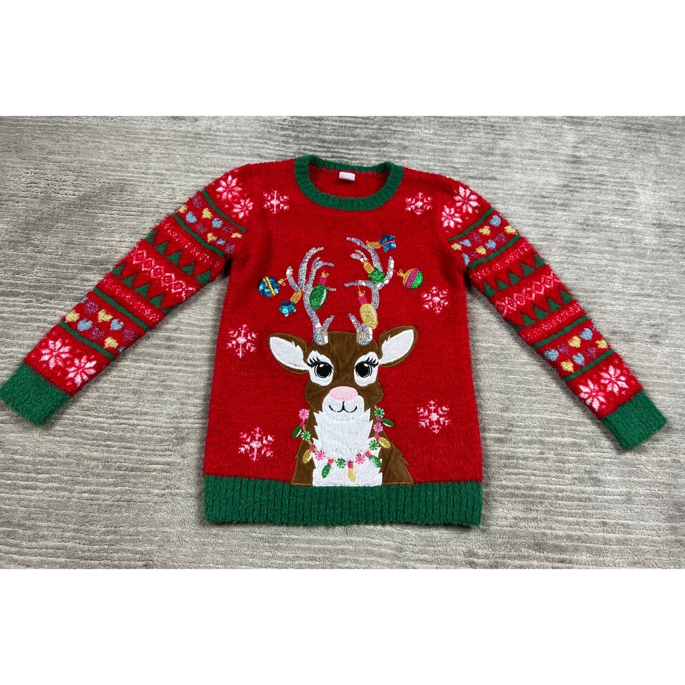 Holiday Time Sweater Girls L 10-12 Red Reindeer Ugly Christmas Glitter Eyelash